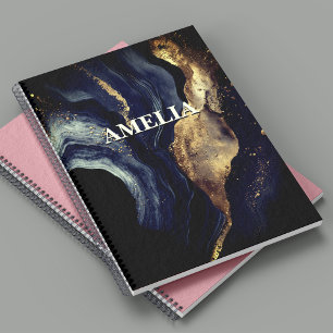Elegant navy marble art faux gold glitter notebook