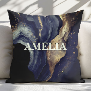 Elegant navy marble art faux gold glitter throw pillow