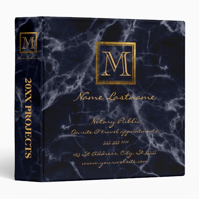 Elegant Navy Marble Square Gold Monogram Notary Binder (Front/Spine)