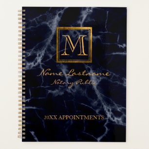 Elegant Navy Marble Square Gold Monogram Notary Planner