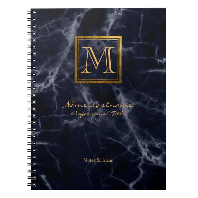 Elegant Navy Marble Square Gold Monogram Notebook (Front)