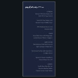 Elegant Navy Minimalist Dining Menu<br><div class="desc">This elegant menu features a sophisticated navy blue background with clean, modern typography that enhances readability and style. The layout is organized into distinct sections for starters, salad, main course, and dessert, creating an inviting flow for diners. Subtle decorative elements add a touch of refinement without overwhelming the minimalist design....</div>