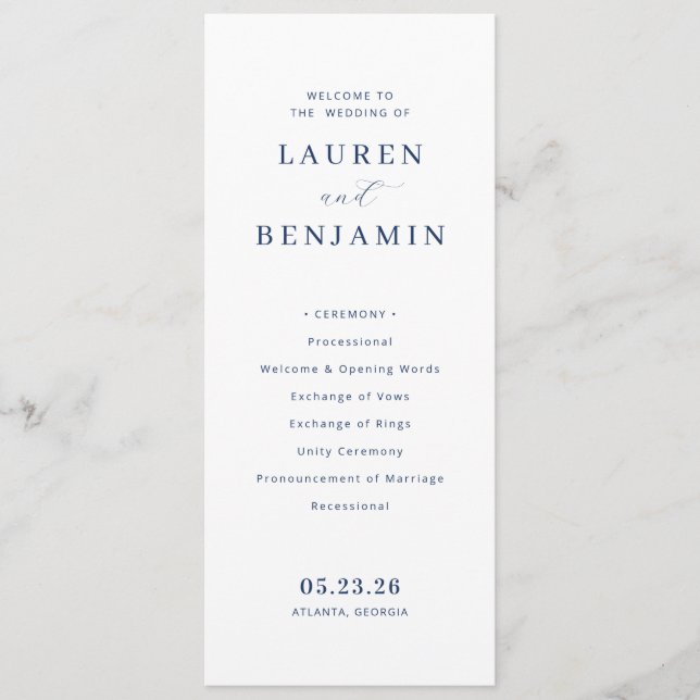 Elegant Navy Minimalist Wedding Ceremony Program (Front)