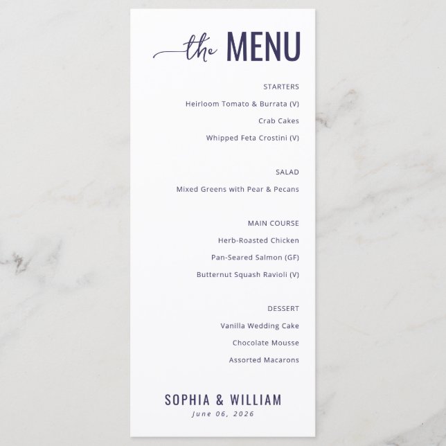 Elegant Navy Minimalist Wedding Menu (Front)