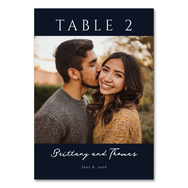 Elegant Navy Modern Photo Table Number (Front)