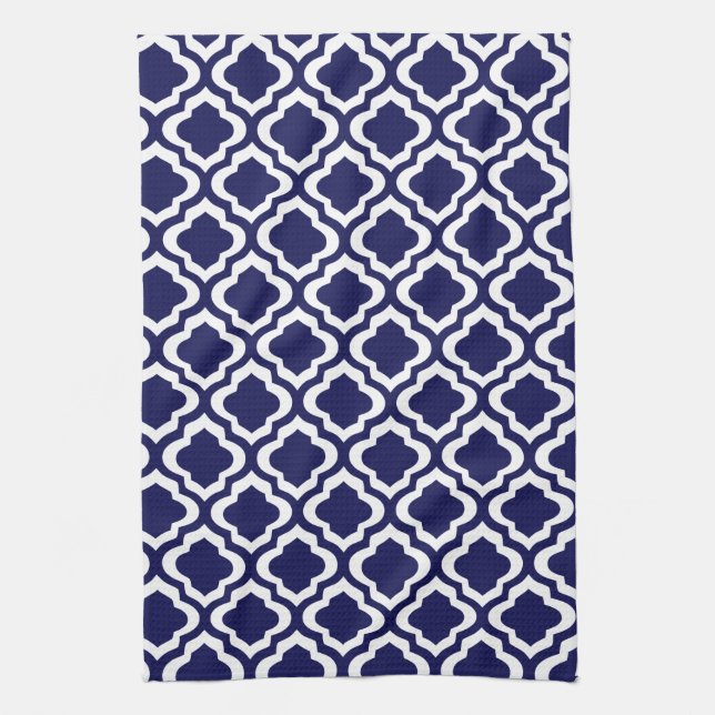 Elegant Navy Moroccan Trellis Quatrefoil Clover Kitchen Towel (Vertical)