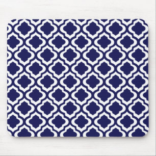 Elegant Navy Moroccan Trellis Quatrefoil Clover Mouse Pad