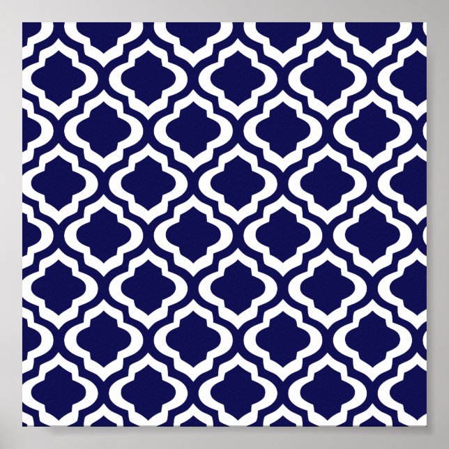 Elegant Navy Moroccan Trellis Quatrefoil Clover Poster (Front)
