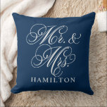 Elegant Navy Mr and Mrs Script Custom Monogram Throw Pillow<br><div class="desc">Elegant square accent pillow for happy couples and newlyweds features a white script Mr. and Mrs. design with custom monogram text that can be personalized with the married last name. The navy blue background colour can be customized to coordinate with your home or bedroom decor colours.</div>