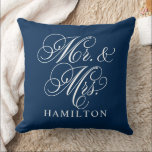 Elegant Navy Mr and Mrs Script Custom Monogram Throw Pillow<br><div class="desc">Elegant square accent pillow for happy couples and newlyweds features a white script Mr. and Mrs. design with custom monogram text that can be personalized with the married last name. The navy blue background colour can be customized to coordinate with your home or bedroom decor colours.</div>