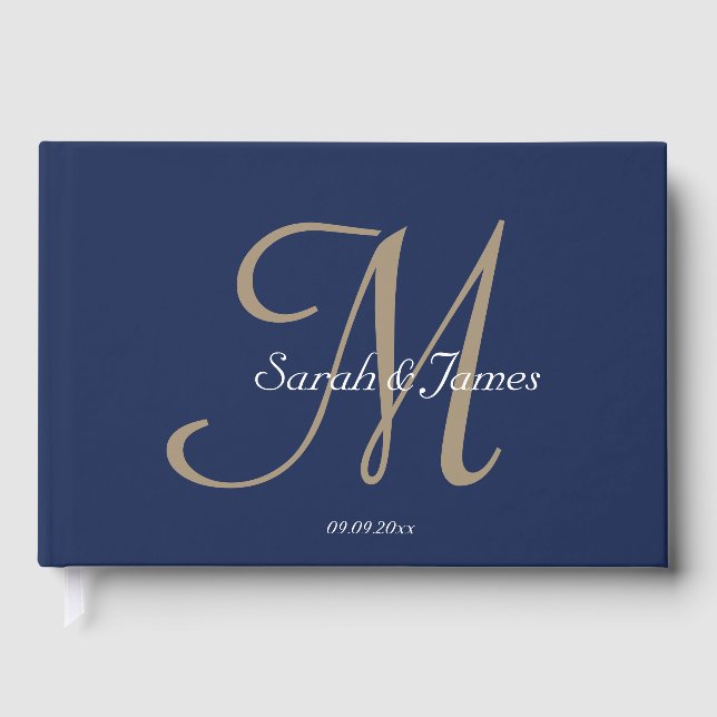 Elegant Navy Name Monogram Script Wedding Party Guest Book (Front)
