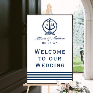Elegant Navy Nautical Wedding Monogram Welcome Poster