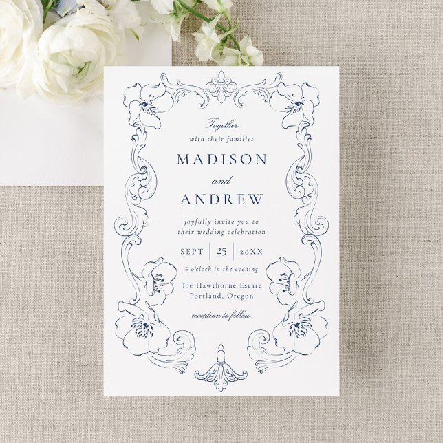 Elegant Navy Ornate Floral Frame Wedding Invitation (Creator Uploaded)