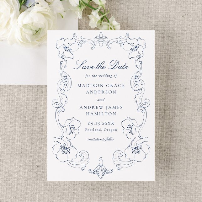 Elegant Navy Ornate Floral Frame Wedding Save The Date (Creator Uploaded)