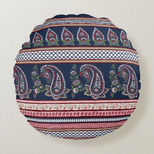 Elegant Navy Paisley: Timeless Border Design Round Pillow
