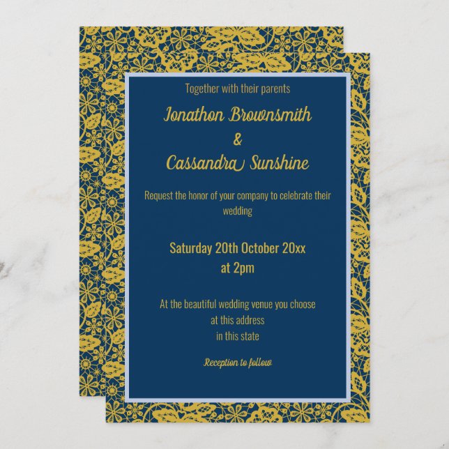 ELEGANT NAVY PERIWRINKLE GOLD LEAF WEDDING INVITATION (Front/Back)