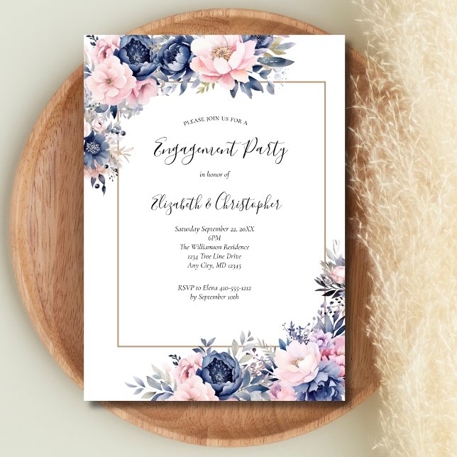 Elegant Navy Pink Floral Engagement Party Invitation (Navy blue and pink floral elegant engagement party invitation)