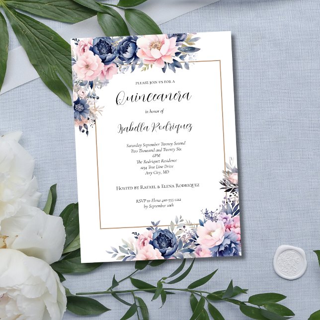 Elegant Navy Pink Floral Formal Quinceanera Invitation (Elegant Navy Blue and Pink Floral Quinceanera Invitation)