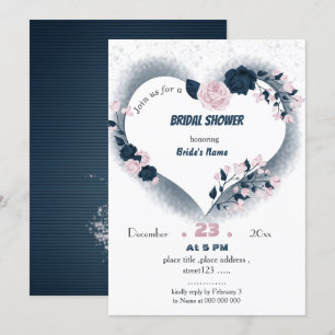 elegant navy & pink floral heart bridal shower invitation