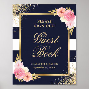 Elegant Navy Pink Floral Wedding Guest Book Sign
