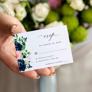 Elegant navy pink floral wedding RSVP Enclosure Card
