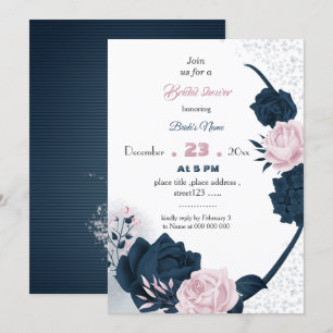 elegant navy & pink flowers bridal shower invitati invitation