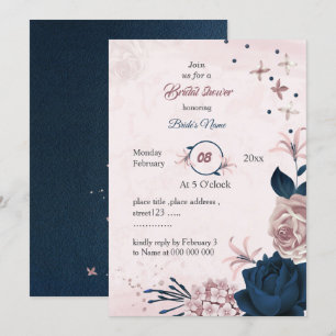 elegant navy & pink flowers bridal shower invitation
