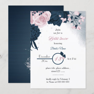 elegant navy & pink flowers bridal shower  invitation