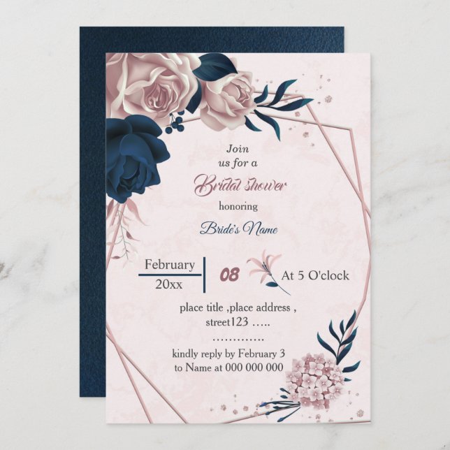 elegant navy & pink flowers geometricbridal shower invitation (Front/Back)