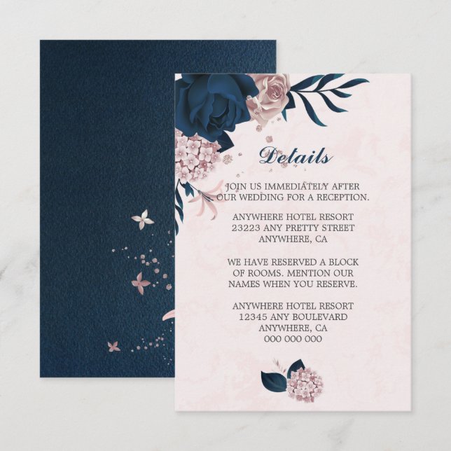 Elegant navy & pink flowers navy leaves details enclosure card (Front/Back)