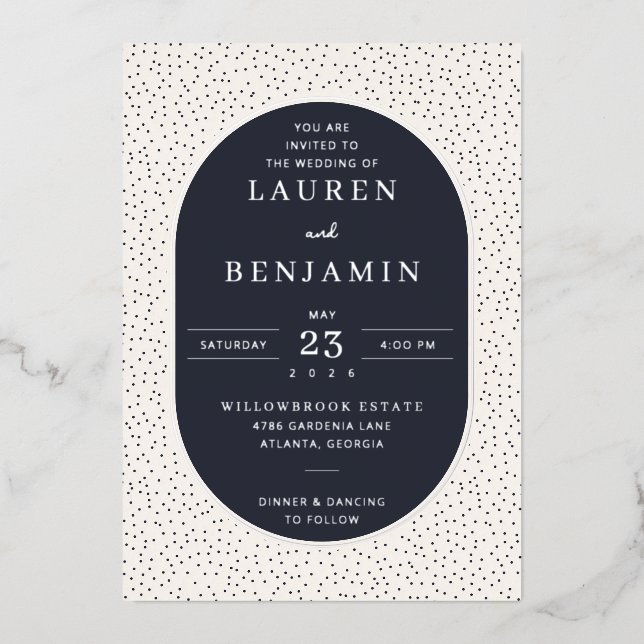 Elegant Navy Polka Dot Wedding Invitation (Front)
