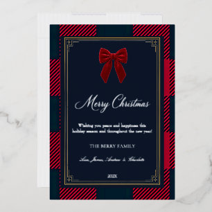 Elegant Navy & Red Buffalo Plaid Bow Christmas Foil Holiday Card