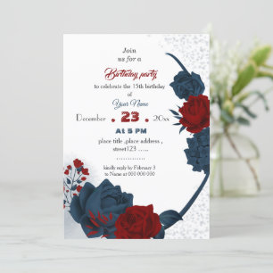 elegant navy & red floral botanical birthday invitation