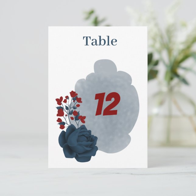 Elegant navy & red flowers table number (Standing Front)