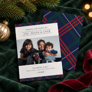 Elegant Navy Red Green Tartan Plaid Family Photo Holiday Card