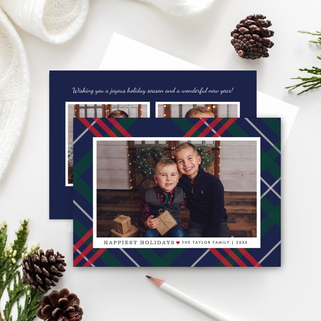 Elegant Navy Red Green Tartan Plaid Multi Photo Holiday Card (Creator Uploaded)