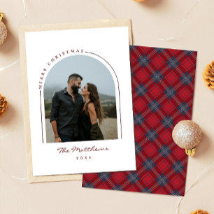 Elegant Navy Red Tartan Plaid Arch Family Photo Holiday Card