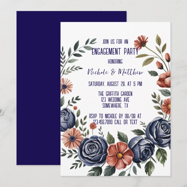 Elegant Navy Rose and Coral Engagement Party Invitation (Front/Back)
