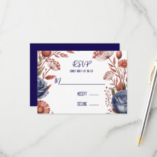 Elegant Navy Rose and Coral Wedding RSVP Card
