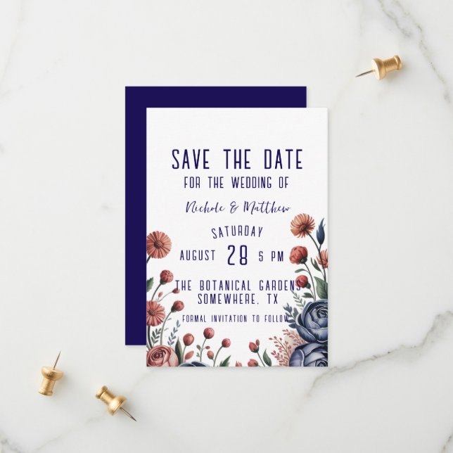 Elegant Navy Rose and Coral Wedding Save The Date (Front/Back In Situ)