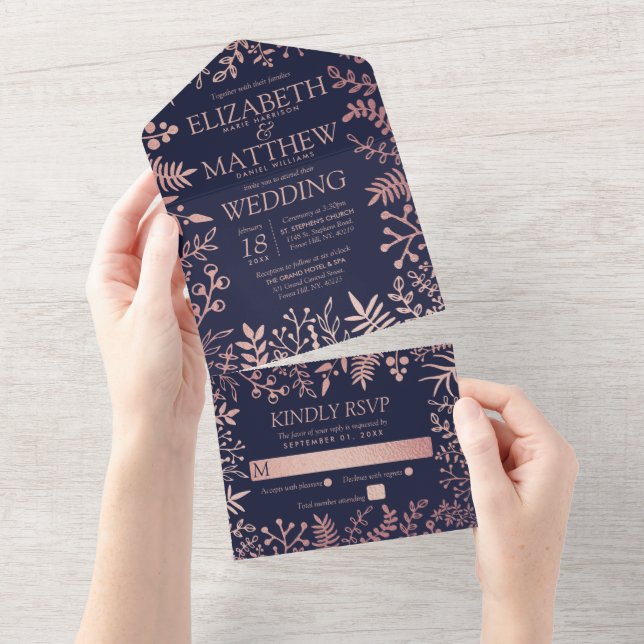 Elegant Navy & Rose Gold Floral Wedding Collection All In One Invitation (Tearaway)