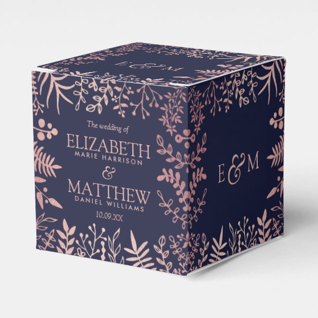 Elegant Navy & Rose Gold Floral Wedding Collection Favor Box (Front Side)