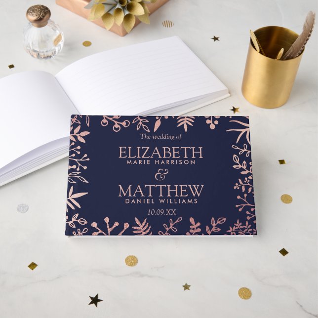 Elegant Navy & Rose Gold Floral Wedding Collection Guest Book (Front Open)