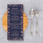 Elegant Navy & Rose Gold Floral Wedding Collection Menu<br><div class="desc">Celebrate in style with these modern and very trendy wedding breakfast menus. The design is easy to personalize with your own wording and your guests will be thrilled when they see these fabulous menus. Matching items can be found in the collection.</div>