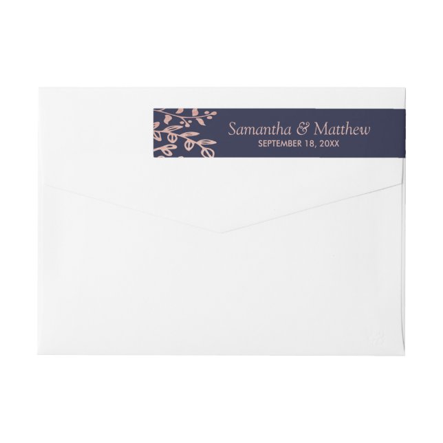 Elegant Navy & Rose Gold Floral Wedding Collection Wrap Around Label (Back)