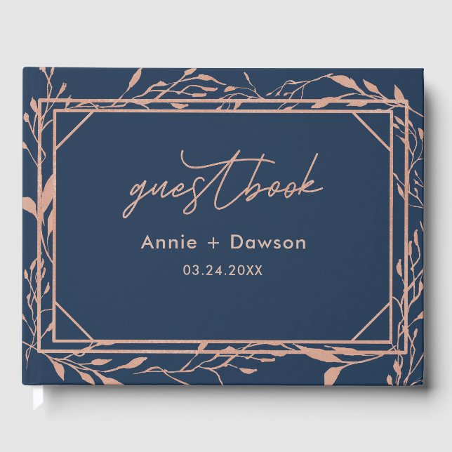 Elegant Navy & Rose Gold Floral Wedding Guest Book (Front)