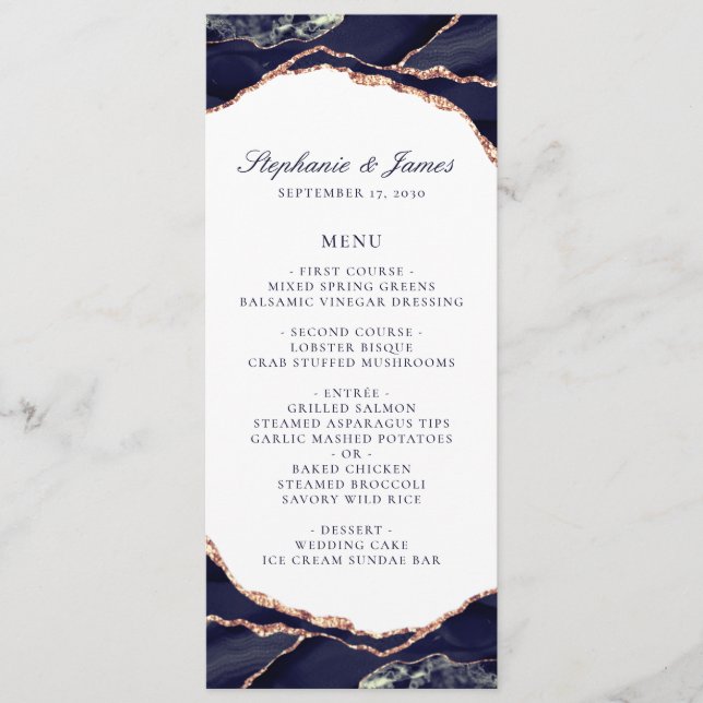 Elegant Navy Rose Gold Foil Agate Wedding Menu (Front)