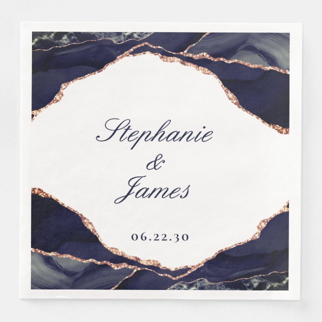 Elegant Navy Rose Gold Foil Agate Wedding Napkin (Front)