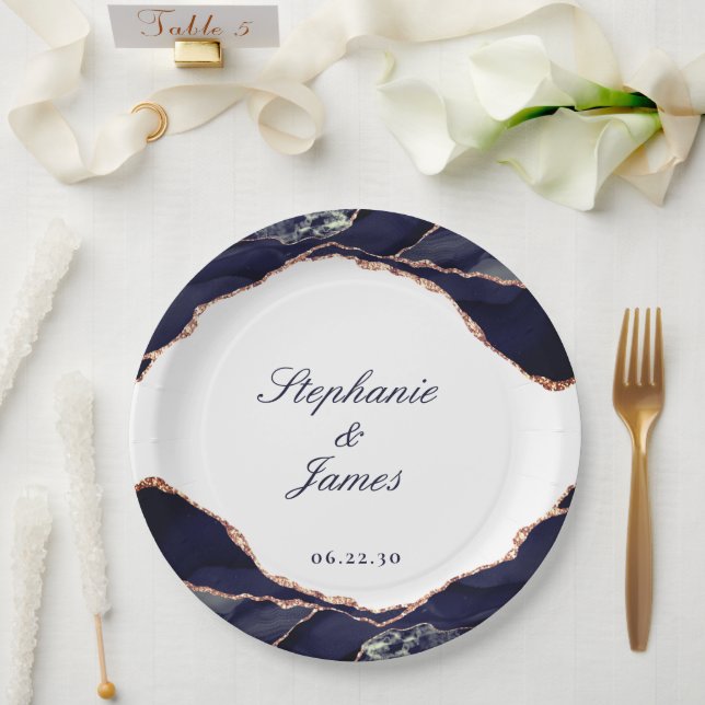 Elegant Navy Rose Gold Foil Agate Wedding Paper Plate (Wedding)