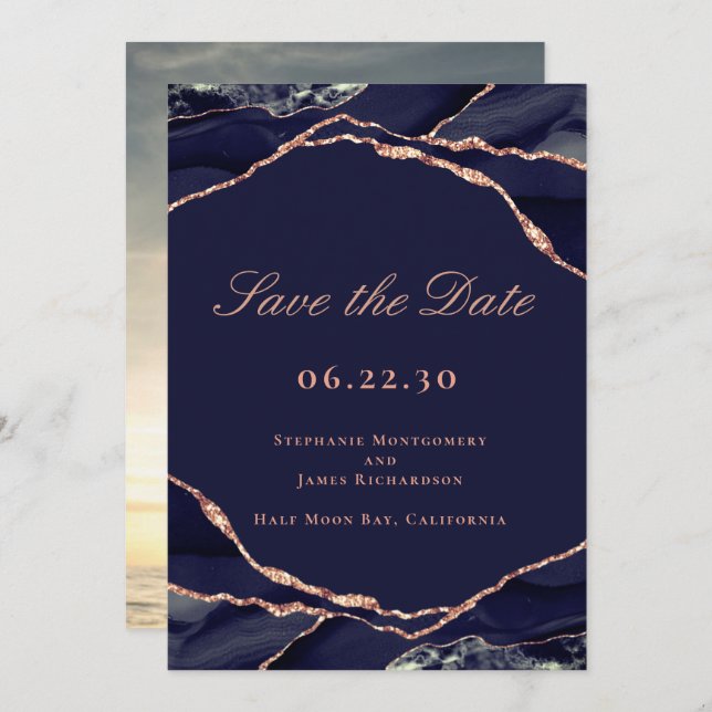 Elegant Navy Rose Gold Foil Agate Wedding Photo Save The Date (Front/Back)